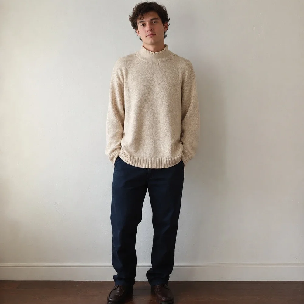 Polo Jeans Co. Ralph Lauren Men Sweater XL Cream Mock Neck Cotton Chunky Knit